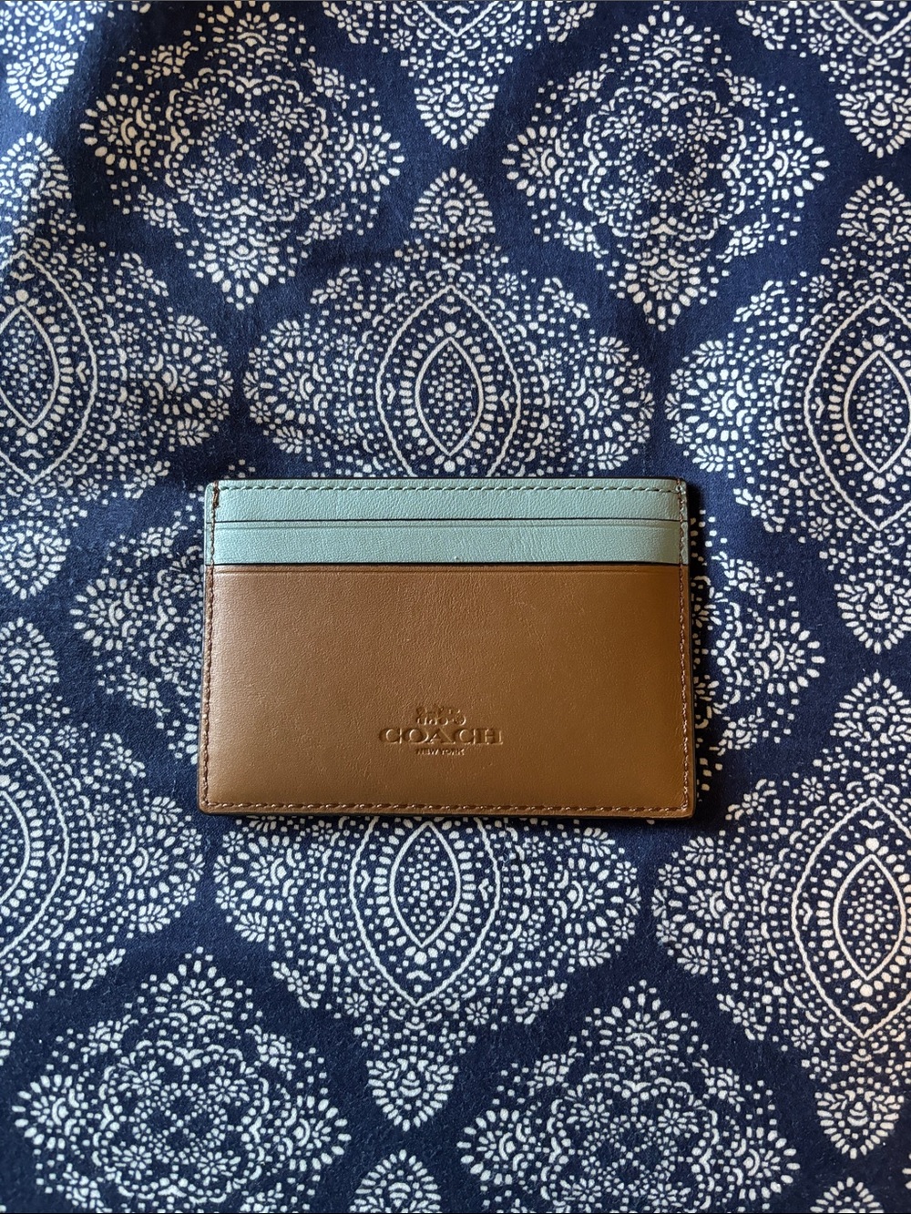 Coach Brown Leather Card Holder with Light Blue Top Slots